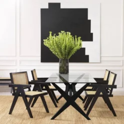 Casa Padrino Luxus Esstisch Schwarz 230 x 100 x H. 77 cm - Massivholz Küchentisch mit Glasplatte - Rechteckiger Esszimmertisch - Luxus Esszimmer Möbel