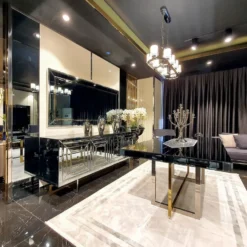 Casa Padrino Luxus Esstisch Silber / Gold 200 x 100 x H. 77 cm - Verspiegelter Küchentisch - Verspiegelte Luxus Esszimmer Möbel