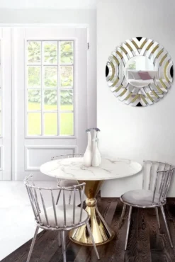 Casa Padrino Luxus Esstisch Weiß / Gold Ø 100 x H. 75 cm - Runder Esszimmertisch mit Kunstmarmor Tischplatte - Esszimmer Möbel - Luxus Möbel - Luxus Einrichtung - Esszimmer Einrichtung