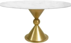Casa Padrino Luxus Esstisch Weiß / Gold Ø 100 x H. 75 cm - Runder Esszimmertisch mit synthetischer Marmorplatte und Stahlbein - Esszimmer Möbel