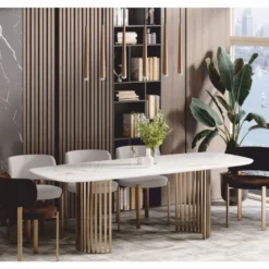 Casa Padrino Luxus Esstisch Weiß / Messing 180 cm - Luxus Esszimmer Möbel