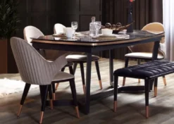 Casa Padrino Luxus Esszimmer Set Grau / Schwarz / Kupfer - 1 Luxus Esszimmertisch & 6 Luxus Esszimmerstühle mit Armlehnen - Esszimmer Möbel - Restaurant Möbel - Luxus Möbel - Luxus Einrichtung
