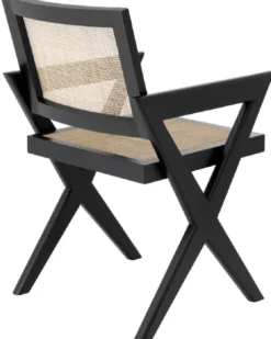 Casa Padrino Luxus Esszimmerstuhl Schwarz / Naturfarben 53 x 57 x H. 84,5 cm - Massivholz Stuhl mit Armlehnen und handgewebtem Rattangeflecht - Luxus Esszimmer Möbel