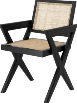 Casa Padrino Luxus Esszimmerstuhl Schwarz / Naturfarben 53 x 57 x H. 84,5 cm - Massivholz Stuhl mit Armlehnen und handgewebtem Rattangeflecht - Luxus Esszimmer Möbel