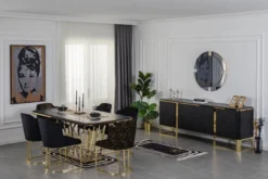 Casa Padrino Luxus Esszimmer Möbel Set Schwarz / Gold - 1 Esszimmertisch & 6 Esszimmerstühle - Luxus Esszimmer Möbel
