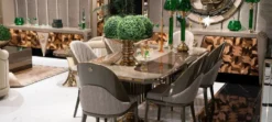 Casa Padrino Luxus Esszimmer Set Grau / Braun / Gold - 1 Luxus Esstisch & 6 Luxus Esszimmerstühle - Luxus Esszimmer Möbel