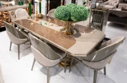 Casa Padrino Luxus Esszimmer Set Grau / Braun / Gold - 1 Luxus Esstisch & 6 Luxus Esszimmerstühle - Luxus Esszimmer Möbel
