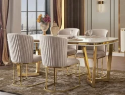 Casa Padrino Luxus Esszimmer Set Weiß / Grau / Gold - 1 Esstisch & 4 Esszimmerstühle - Moderne Esszimmer Möbel