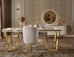 Casa Padrino Luxus Esszimmer Set Weiß / Grau / Gold - 1 Esstisch & 4 Esszimmerstühle - Moderne Esszimmer Möbel