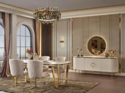 Casa Padrino Luxus Esszimmer Set Weiß / Grau / Gold - 1 Esstisch & 4 Esszimmerstühle - Moderne Esszimmer Möbel