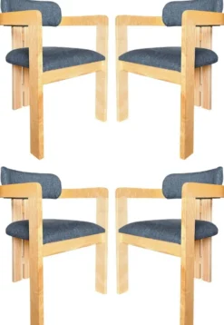 Casa Padrino Luxus Esszimmerstuhl 4er Set mit Armlehnen Blau / Naturfarben 56 x 54 x H. 82 cm - Esszimmer Möbel - Restaurant Möbel - Massivholz Möbel - Luxus Möbel