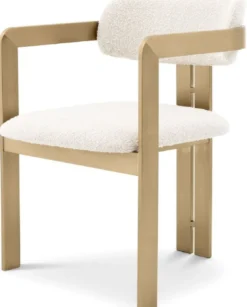 Casa Padrino Luxus Esszimmerstuhl Creme / Messingfarben 57,5 x 58 x H. 79 cm - Edler Küchenstuhl mit Armlehnen - Luxus Esszimmer Möbel