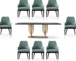 Casa Padrino Luxus Esszimmer Set Grün Muster / Schwarz / Messing - 1 Luxus Esstisch & 8 Luxus Esszimmerstühle - Esszimmer Möbel - Luxus Möbel - Luxus Kollektion