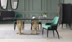 Casa Padrino Luxus Esszimmer Set Grün Muster / Schwarz / Messing - 1 Luxus Esstisch & 8 Luxus Esszimmerstühle - Esszimmer Möbel - Luxus Möbel - Luxus Kollektion