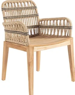 Casa Padrino Luxus Esszimmer Stuhl mit Armlehnen Naturfarben / Schwarz 60 x 50 x H. 85 cm - Luxus Massivholz Garten Stuhl mit edlem Rattangeflecht - Luxus Esszimmer Möbel - Garten Rattan Möbel
