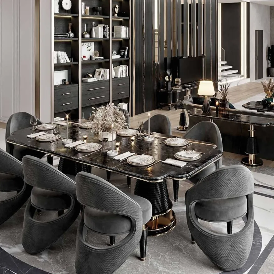 Casa Padrino Luxus Esszimmer Stuhl 8er Set Grau / Schwarz / Gold 57 x 60 x H. 85 cm - Esszimmer Möbel - Restaurant Möbel - Hotel Möbel - Luxus Möbel - Luxus Kollektion