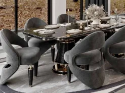 Casa Padrino Luxus Esszimmer Stuhl 8er Set Grau / Schwarz / Gold 57 x 60 x H. 85 cm - Esszimmer Möbel - Restaurant Möbel - Hotel Möbel - Luxus Möbel - Luxus Kollektion