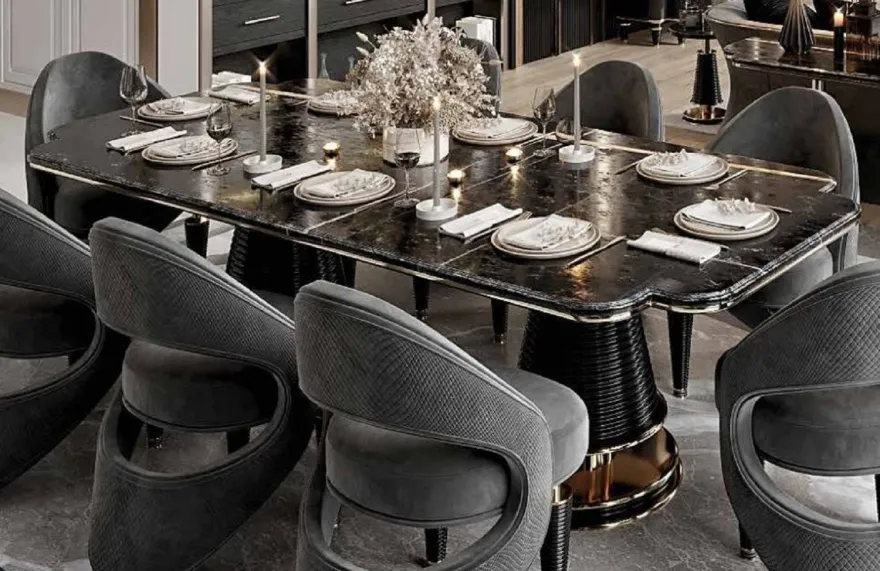 Casa Padrino Luxus Esszimmer Stuhl 8er Set Grau / Schwarz / Gold 57 x 60 x H. 85 cm - Esszimmer Möbel - Restaurant Möbel - Hotel Möbel - Luxus Möbel - Luxus Kollektion