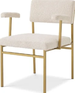 Casa Padrino Luxus Esszimmerstuhl Creme / Messingfarben 64 x 67 x H. 84 cm - Edler Küchenstuhl mit Armlehnen - Luxus Esszimmer Möbel