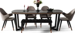 Casa Padrino Luxus Esszimmer Set Grau / Schwarz / Kupferfarben - 1 Esszimmertisch & 4 Esszimmerstühle & 1 Sitzbank - Luxus Esszimmer Möbel