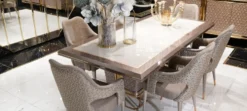 Casa Padrino Luxus Esszimmer Set Weiß / Grau / Gold - 1 Luxus Esstisch & 6 Luxus Esszimmerstühle - Luxus Esszimmer Möbel