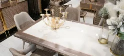 Casa Padrino Luxus Esszimmer Set Weiß / Grau / Gold - 1 Luxus Esstisch & 6 Luxus Esszimmerstühle - Luxus Esszimmer Möbel