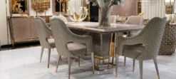 Casa Padrino Luxus Esszimmer Set Weiß / Grau / Gold - 1 Luxus Esstisch & 6 Luxus Esszimmerstühle - Luxus Esszimmer Möbel