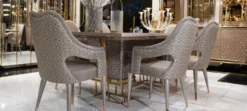 Casa Padrino Luxus Esszimmer Set Weiß / Grau / Gold - 1 Luxus Esstisch & 6 Luxus Esszimmerstühle - Luxus Esszimmer Möbel