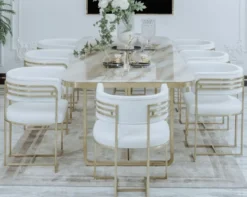 Casa Padrino Luxus Esszimmer Stuhl Set mit Armlehnen Weiß / Gold 58 x 51 x H. 76 cm - Küchen Stühle 8er Set - Esszimmer Möbel - Restaurant Möbel - Luxus Möbel - Luxus Einrichtung