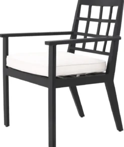 Casa Padrino Luxus Esszimmerstuhl mit Armlehnen Schwarz / Weiß 64,5 x 65 x H. 88,5 cm - Wetterbeständiger Aluminium Stuhl mit Sitzkissen - Garten Terrassen Stuhl - Luxus Qualität