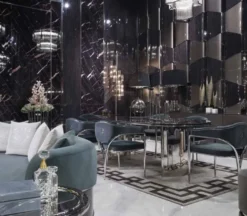Casa Padrino Luxus Esszimmer Stuhl Set mit Armlehnen Grau / Silber 56 x 52 x H. 71 cm - Küchen Stühle 6er Set - Esszimmer Möbel - Restaurant Möbel - Luxus Möbel - Luxus Einrichtung