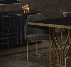 Casa Padrino Luxus Esszimmer Möbel Set Grau / Gold / Schwarz - 1 Esstisch & 6 Esszimmerstühle - Luxus Esszimmer Möbel