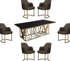 Casa Padrino Luxus Esszimmer Möbel Set Grau / Gold / Schwarz - 1 Esstisch & 6 Esszimmerstühle - Luxus Esszimmer Möbel