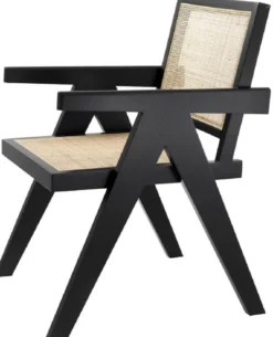 Casa Padrino Luxus Esszimmerstuhl Schwarz / Naturfarben 57 x 65,5 x H. 90 cm - Massivholz Stuhl mit Armlehnen und handgewebtem Rattangeflecht - Luxus Esszimmer Möbel