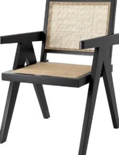 Casa Padrino Luxus Esszimmerstuhl Schwarz / Naturfarben 57 x 65,5 x H. 90 cm - Massivholz Stuhl mit Armlehnen und handgewebtem Rattangeflecht - Luxus Esszimmer Möbel