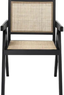 Casa Padrino Luxus Esszimmerstuhl Schwarz / Naturfarben 57 x 65,5 x H. 90 cm - Massivholz Stuhl mit Armlehnen und handgewebtem Rattangeflecht - Luxus Esszimmer Möbel