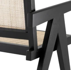 Casa Padrino Luxus Esszimmerstuhl Schwarz / Naturfarben 57 x 65,5 x H. 90 cm - Massivholz Stuhl mit Armlehnen und handgewebtem Rattangeflecht - Luxus Esszimmer Möbel