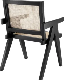 Casa Padrino Luxus Esszimmerstuhl Schwarz / Naturfarben 57 x 65,5 x H. 90 cm - Massivholz Stuhl mit Armlehnen und handgewebtem Rattangeflecht - Luxus Esszimmer Möbel