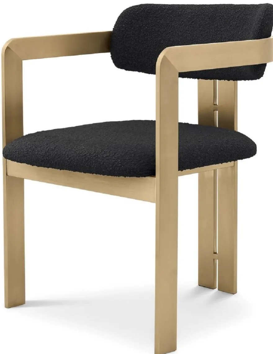 Casa Padrino Luxus Esszimmerstuhl Schwarz / Messingfarben 57,5 x 58 x H. 79 cm - Edler Küchenstuhl mit Armlehnen - Luxus Esszimmer Möbel
