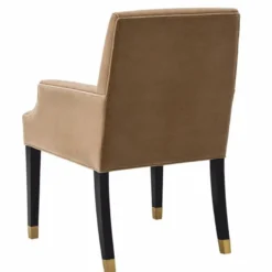 Casa Padrino Luxus Esszimmerstuhl mit Armlehnen Hellbraun / Schwarz / Messing H. 90 cm