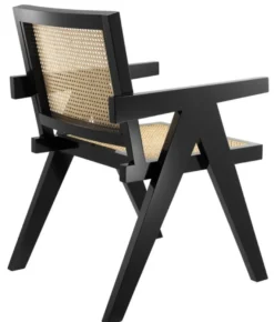 Casa Padrino Luxus Esszimmerstuhl mit Armlehnen Schwarz / Naturfarben 58 x 66 x H. 88 cm - Luxus Kollektion