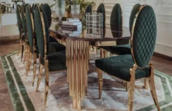 Casa Padrino Luxus Esszimmer Set Schwarz / Grün / Gold - 1 Luxus Esstisch & 10 Luxus Esszimmerstühle - Esszimmer Möbel - Luxus Qualität