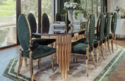 Casa Padrino Luxus Esszimmer Set Schwarz / Grün / Gold - 1 Luxus Esstisch & 10 Luxus Esszimmerstühle - Esszimmer Möbel - Luxus Qualität