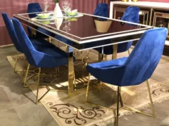 Casa Padrino Luxus Esszimmerstuhl 6er Set Blau / Gold 54 x 53 x H. 98 cm - Luxus Küchen Stühle - Esszimmer Möbel - Küchen Möbel - Luxus Möbel - Luxus Einrichtung - Esszimmer Einrichtung