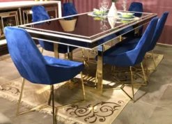 Casa Padrino Luxus Esszimmer Set Blau / Weiß / Gold - 1 Esszimmertisch & 6 Esszimmerstühle - Luxus Esszimmer Möbel