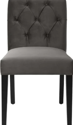 Casa Padrino Luxus Esszimmerstuhl Grau / Schwarz 51 x 64 x H. 90 cm - Chesterfield Küchenstuhl mit edlem Samtstoff - Luxus Esszimmer Möbel