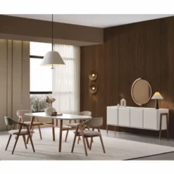Casa Padrino Luxus Esszimmer Set Weiß / Braun / Grau - 1 Esstisch und 6 Esszimmer Stühle mit Armlehnen