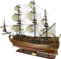 Casa Padrino Luxus Flaggschiff San Felipe Dunkelbraun / Braun / Messing 95 x 29 x H. 90 cm - Handgefertigtes Spanisches Deko Schiff - Holzschiff - Segelschiff - Kriegsschiff - Deko Accessoires