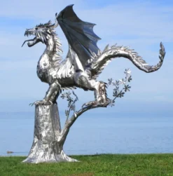 Casa Padrino Luxus Gartendeko Skulptur Drache Silber 290 x 235 x H. 295 cm - Riesige Edelstahl Deko Figur - Gartenfigur - Hotel Garten Deko