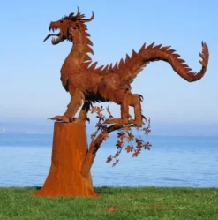 Casa Padrino Luxus Gartendeko Skulptur Drache Rostfarben 290 x 140 x H. 292 cm - Riesige Stahl Deko Figur - Gartenfigur - Hotel Garten Deko